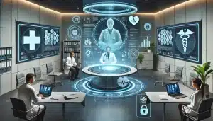 A futuristic telemedicine consultation scene with compliance documents, patient privacy measures, and secure technology elements.