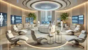 A futuristic medical spa environment blending a luxurious, wellness-focused aesthetic with a professional medical corporation structure